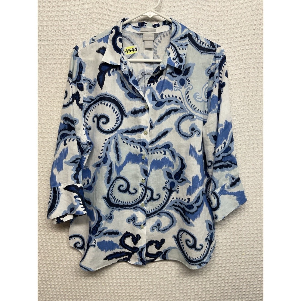 Chico's No Iron Linen Button Down Shirt Blouse Size 2/L 3/4 Sleeve Blue Paisley